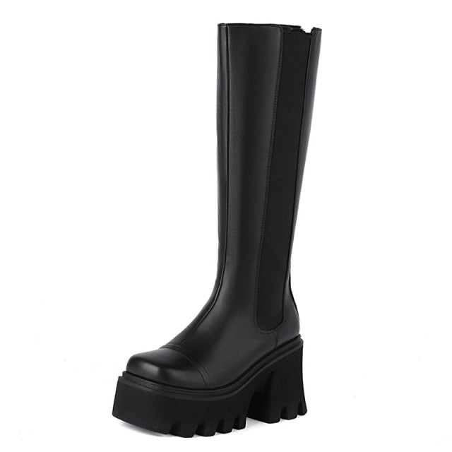 xakxx Goth Boots Women Knee High Boots Platform Plus Size Chunky Heel Black Fall Punk Fur Boots Office Lady Soft Leather Street