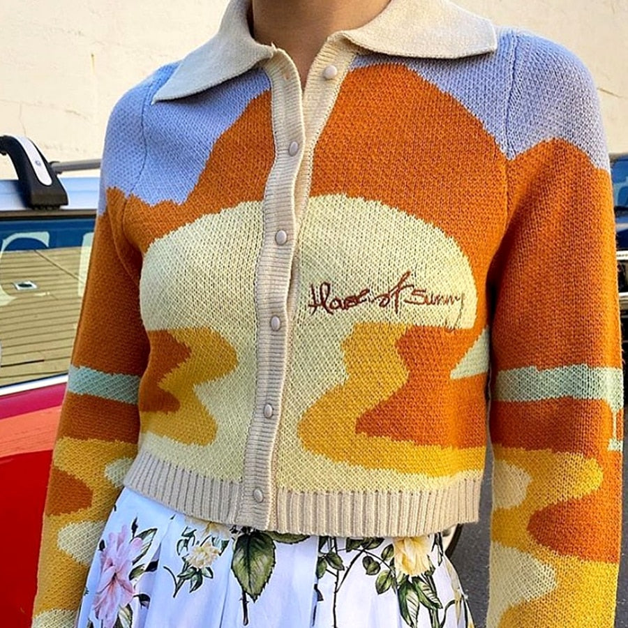 Day Tripper Cropped Cardigan Long Sleeve Polo Collar Button Up Sweater Teen e-girl KPOP BP Womens Knitwear /