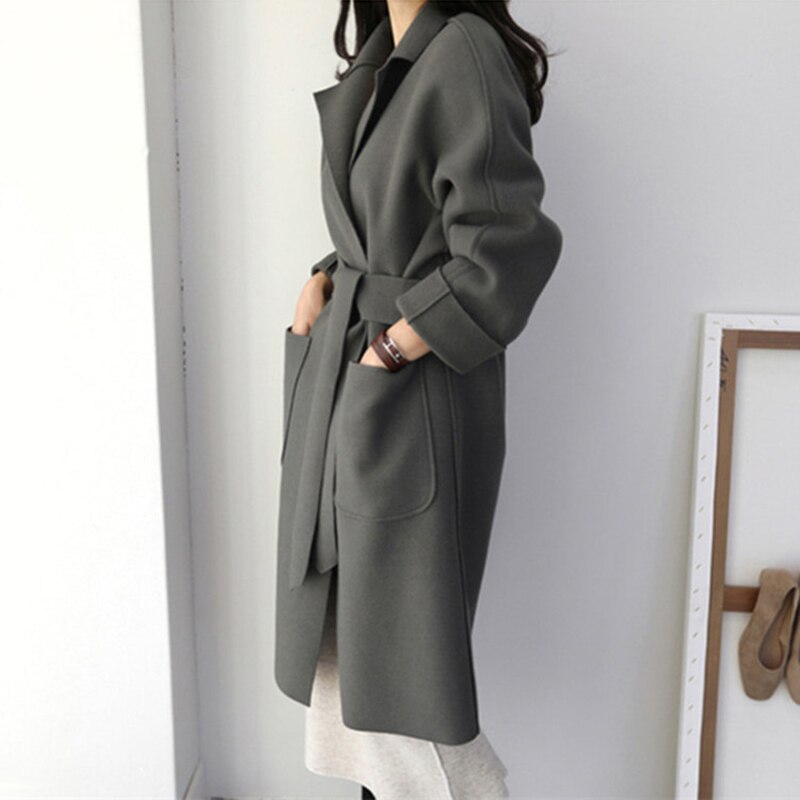 New Women Coats French Casual Warm Long Belt Solid Female Office Lady Winter Retro Oversize Loose Woolen Chic Coat