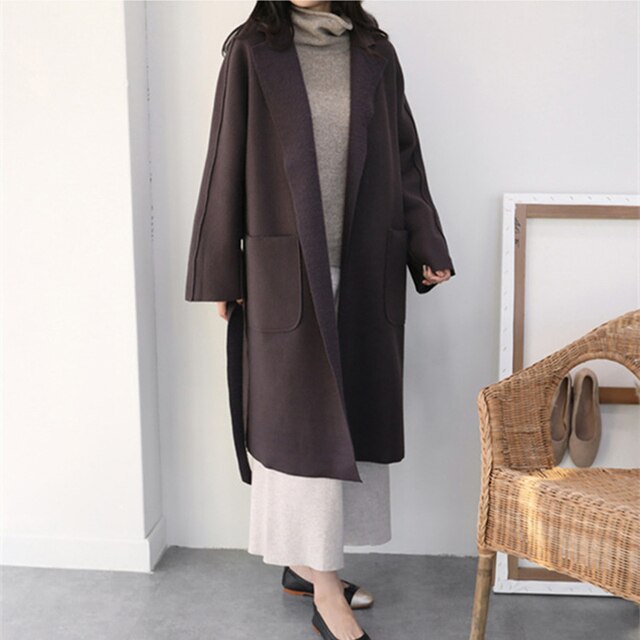 New Women Coats French Casual Warm Long Belt Solid Female Office Lady Winter Retro Oversize Loose Woolen Chic Coat
