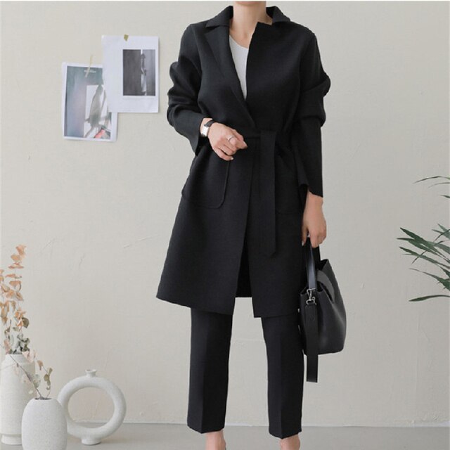 New Women Coats French Casual Warm Long Belt Solid Female Office Lady Winter Retro Oversize Loose Woolen Chic Coat