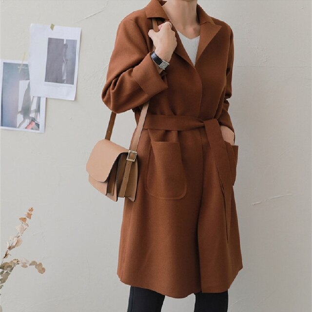 New Women Coats French Casual Warm Long Belt Solid Female Office Lady Winter Retro Oversize Loose Woolen Chic Coat