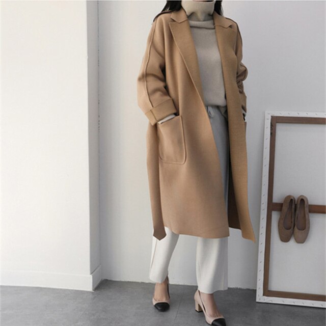 New Women Coats French Casual Warm Long Belt Solid Female Office Lady Winter Retro Oversize Loose Woolen Chic Coat