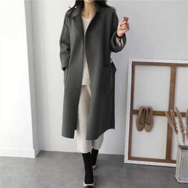 New Women Coats French Casual Warm Long Belt Solid Female Office Lady Winter Retro Oversize Loose Woolen Chic Coat