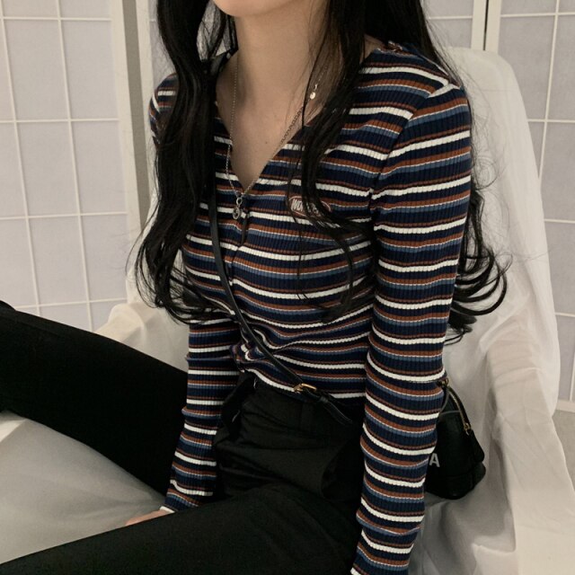 Women Striped Cardigan V-Neck Long Sleeve Thin Sweater e-girl Female Rib Knitt Jackets Cardigans Spring Summer Korea Kpop