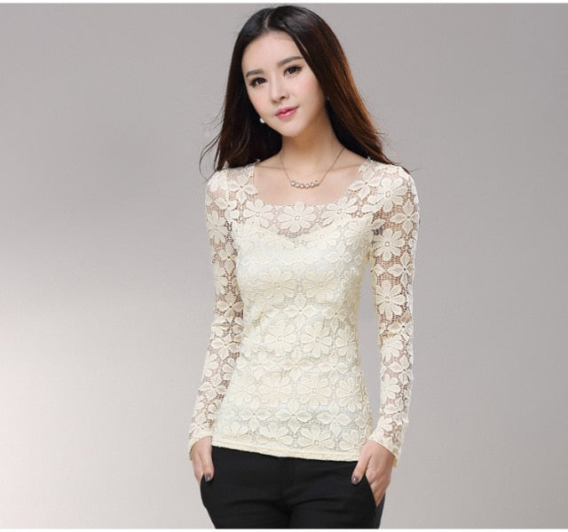 xakxx xakxx Plus size S-5XL New fashion Women's Lace Crochet Blouses Shirts Long Sleeve Sexy Tops Women Lace Blouse camisa feminina