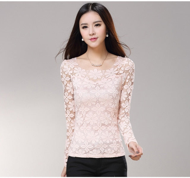 xakxx xakxx Plus size S-5XL New fashion Women's Lace Crochet Blouses Shirts Long Sleeve Sexy Tops Women Lace Blouse camisa feminina