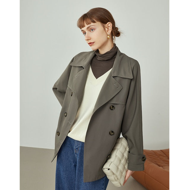 Windbreaker Women Autumn Mid-length Casual British Windbreaker Jackets Retro Women Clothes Brown Short Trench Coat