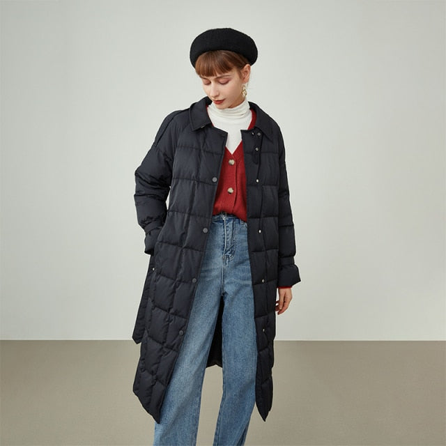 Women Trench Coat Style Down Jacket Black Mid-length Commuter Lapel Winter Jacket White Waist Down Coat Jacket Women