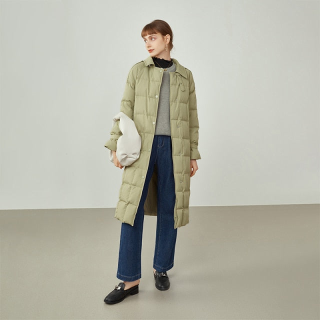Women Trench Coat Style Down Jacket Black Mid-length Commuter Lapel Winter Jacket White Waist Down Coat Jacket Women