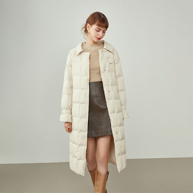 Women Trench Coat Style Down Jacket Black Mid-length Commuter Lapel Winter Jacket White Waist Down Coat Jacket Women
