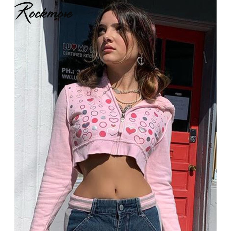 Heart Printed Cropped Sweet Hoodies Aesthetic 90s Vintage Zip Up Sweatshirt Short Jackets Pink Casual Basic Hoodie
