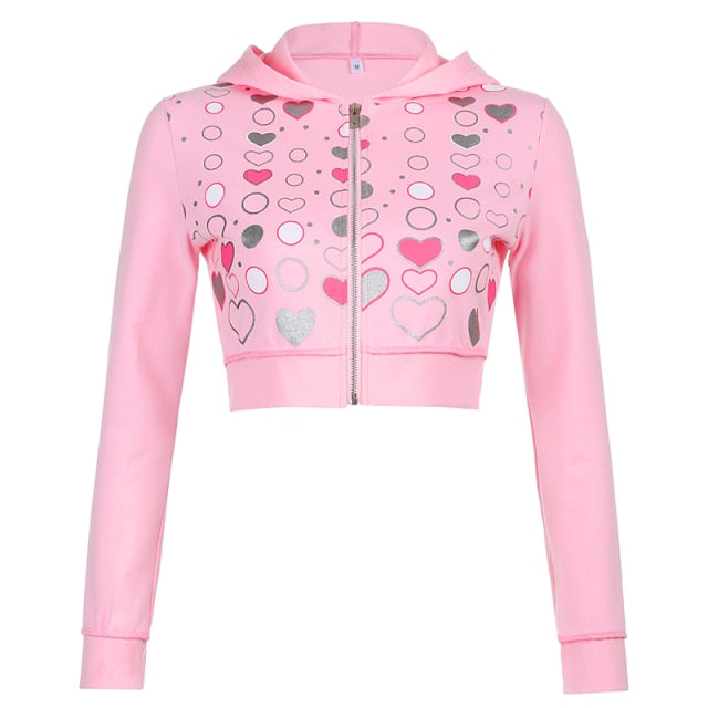Heart Printed Cropped Sweet Hoodies Aesthetic 90s Vintage Zip Up Sweatshirt Short Jackets Pink Casual Basic Hoodie