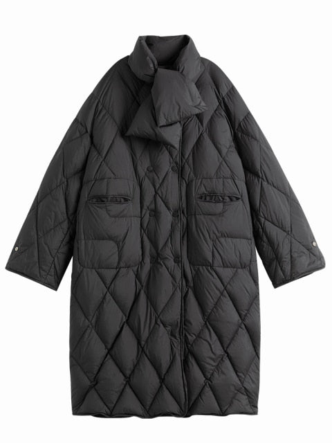 Down Jacket With Scarf Women's New Winter Medium Length Diamond Jacket Black Women Down Jacket