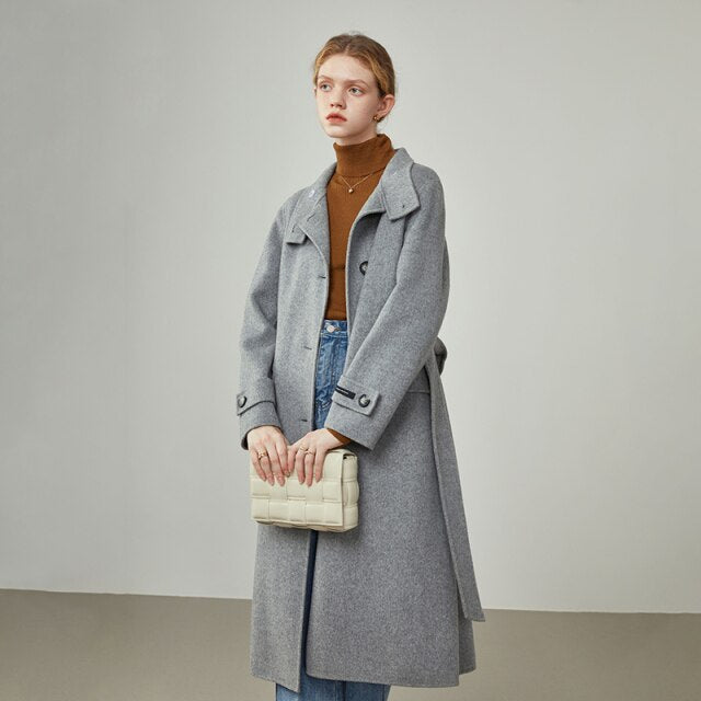 Women Winter 100% Wool Stand-up Collar Single-breasted Woolen Coat Straight Grey Commuter Cashmere Jackets For Women
