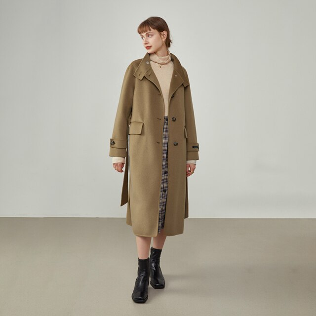 Women Winter 100% Wool Stand-up Collar Single-breasted Woolen Coat Straight Grey Commuter Cashmere Jackets For Women