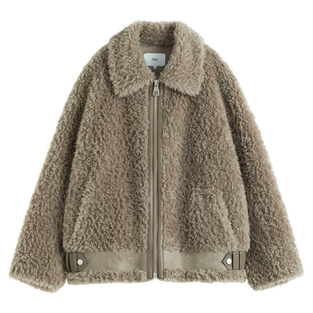 Winter Women Khaki Casual Faux Fur Jacket Simple Commuter Fur All-in-one Short Coat Patchwork Design Zipper Coat