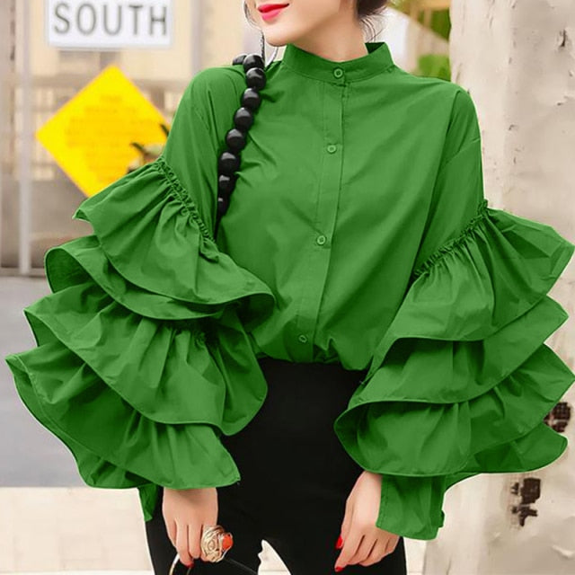 xakxx Fashion Long Flare Sleeve Women Blouse Autumn Ruffled Shirts Casual Long Sleeve Tops Buttons Elegant Party Blusas