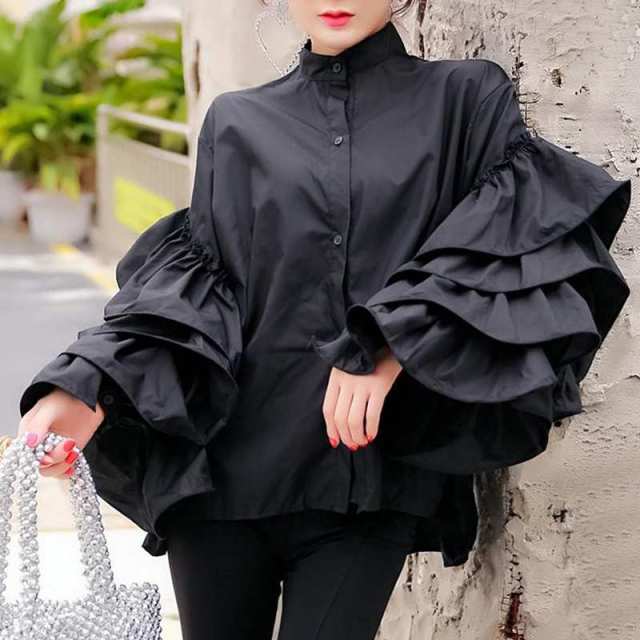 xakxx Fashion Long Flare Sleeve Women Blouse Autumn Ruffled Shirts Casual Long Sleeve Tops Buttons Elegant Party Blusas