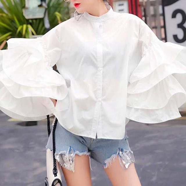 xakxx Fashion Long Flare Sleeve Women Blouse Autumn Ruffled Shirts Casual Long Sleeve Tops Buttons Elegant Party Blusas