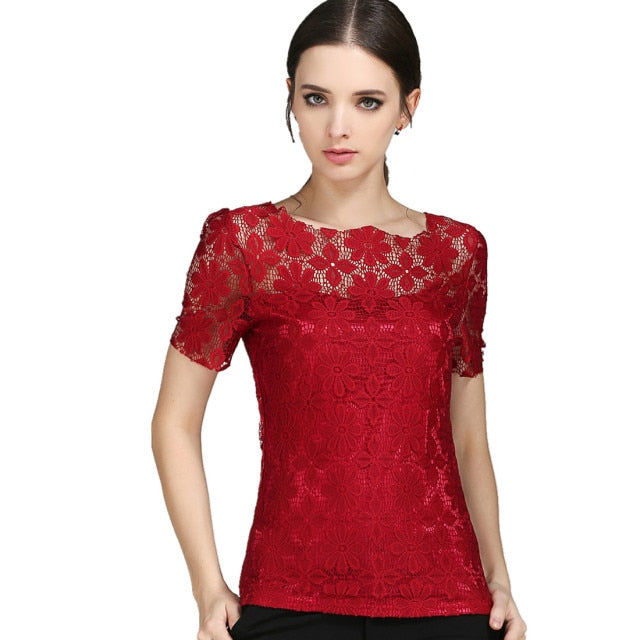 xakxx Summer Women Sexy Floral Lace Slim Blouses Shirts Ladies Elegant Casual Short Sleeve Tee Tops Blusas Plus Size blouse S-5XL