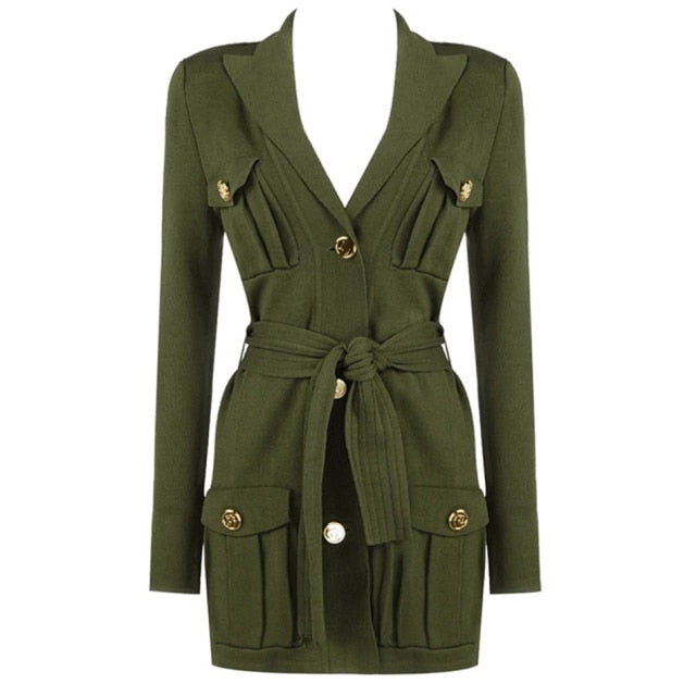 High Quality Women Green Knitted Coat Jacket Long-Sleeved Single-Breasted Pocket Lace-Up Fashion Female Elegant Slim Jacket