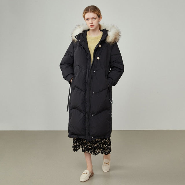 Women Raccoon Fur Collar Black Long Down Jacket Three-proof Fabric Thick Warm Jacket Removable Fur Collar Design Coat