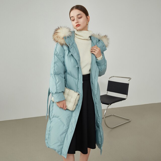 Women Raccoon Fur Collar Black Long Down Jacket Three-proof Fabric Thick Warm Jacket Removable Fur Collar Design Coat