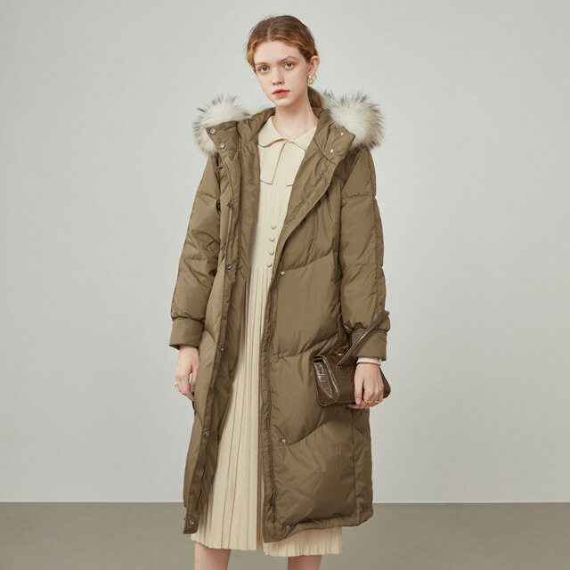 Women Raccoon Fur Collar Black Long Down Jacket Three-proof Fabric Thick Warm Jacket Removable Fur Collar Design Coat