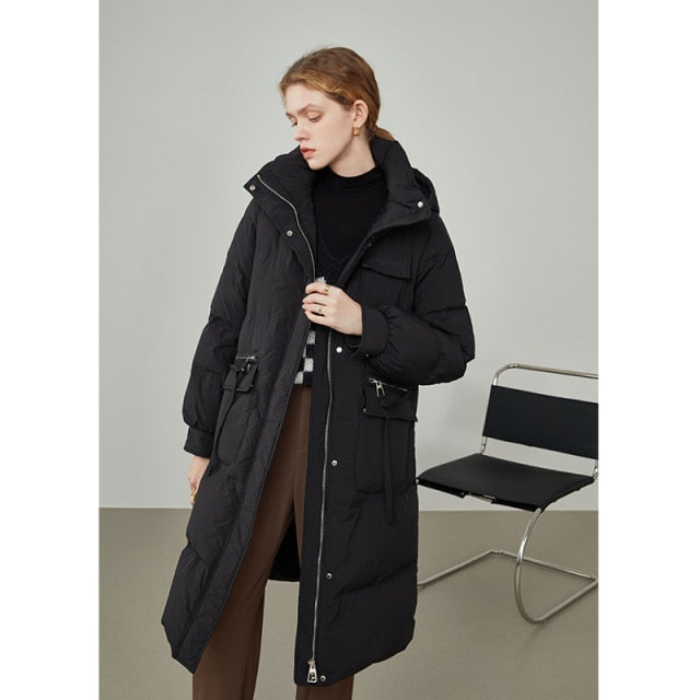 Office Lady White Duck Down Hooded Down Jacket Women's New Coat Women's Medium Length For Women