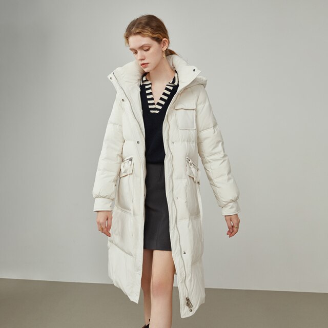 Office Lady White Duck Down Hooded Down Jacket Women's New Coat Women's Medium Length For Women