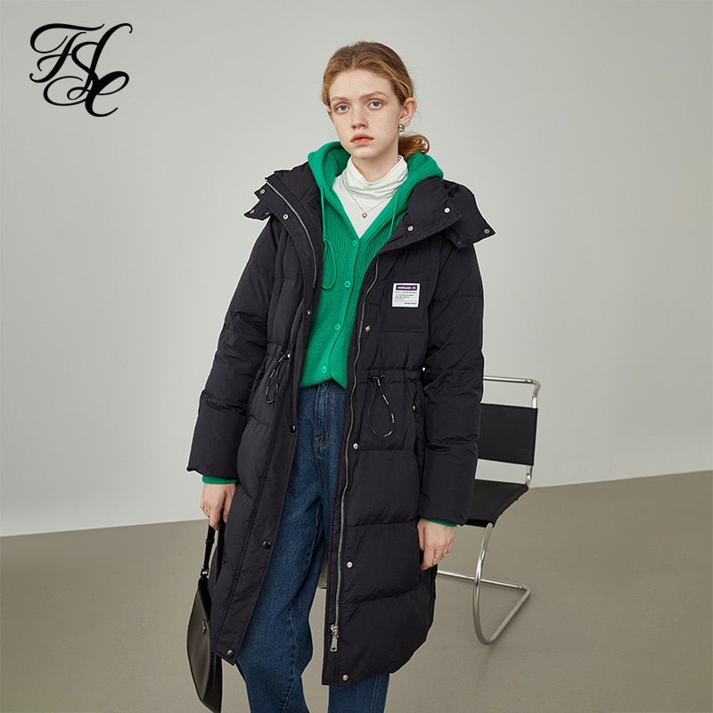 Women Down Jacket Mid-length Blue Hooded Thick Coat Black Straight Drawstring Waist Down Jacket Detachable Hat Design