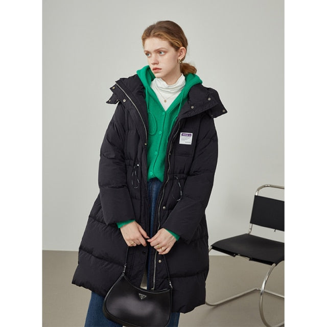 Women Down Jacket Mid-length Blue Hooded Thick Coat Black Straight Drawstring Waist Down Jacket Detachable Hat Design