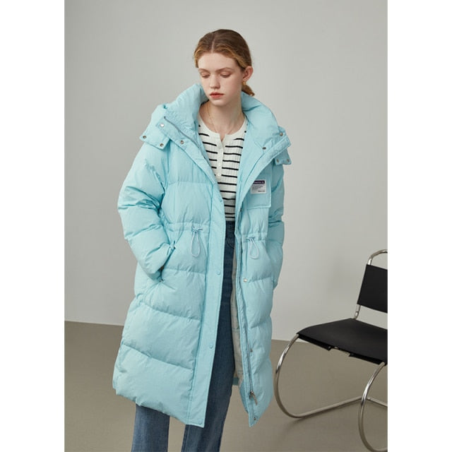 Women Down Jacket Mid-length Blue Hooded Thick Coat Black Straight Drawstring Waist Down Jacket Detachable Hat Design