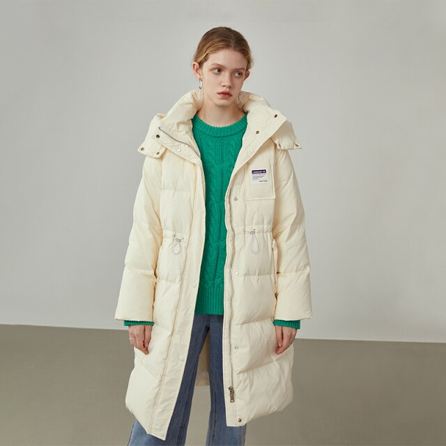 Women Down Jacket Mid-length Blue Hooded Thick Coat Black Straight Drawstring Waist Down Jacket Detachable Hat Design
