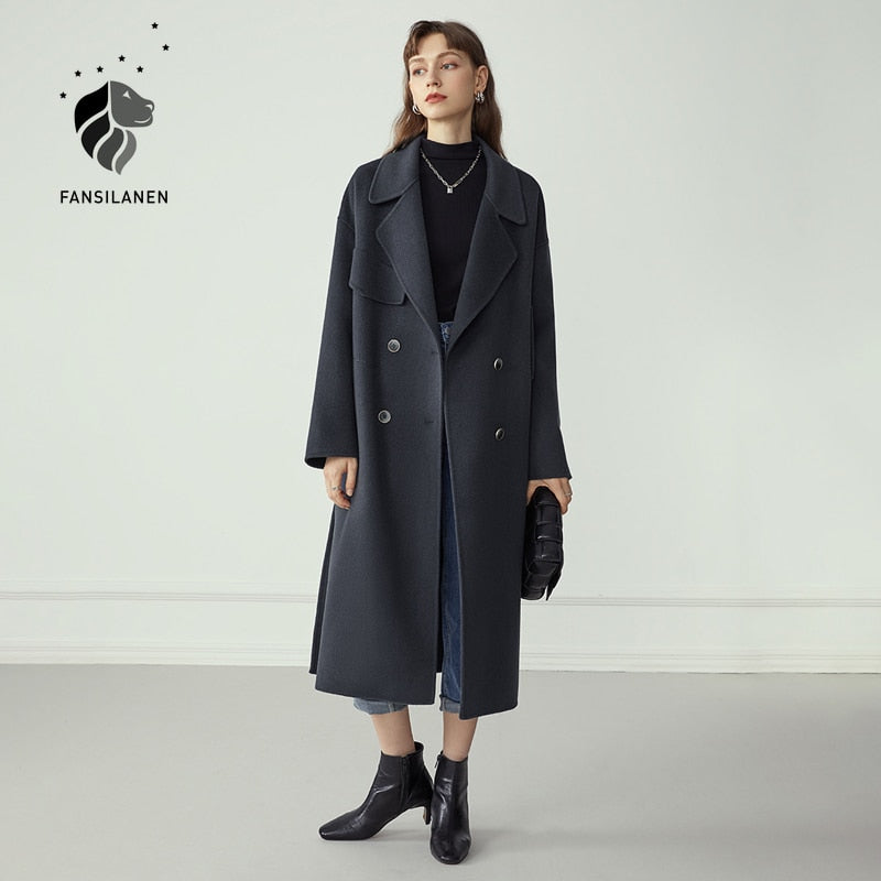 Double Breasted 100% Wool Coat Women Elegant Cashmere Long Winter Coat Female Oversized Vitnage Blend Jacket Overcoat