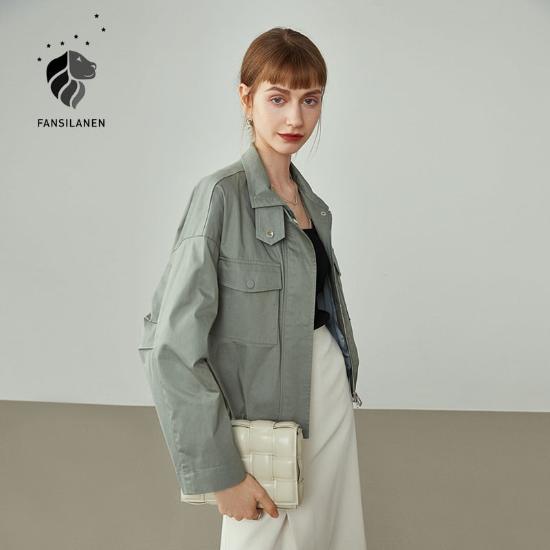 Women Jacket Women Cotton Early Autumn Coat Pure Color Short Casual All-match Stand-up Collar Jacket Commuter Jacket