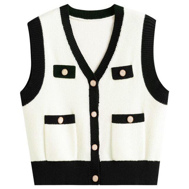 Vest Women Women's Knitted Vest Short Contrast Color Vest Sleeveless Jacket Women Cropped Sweater Vest Waistcoat