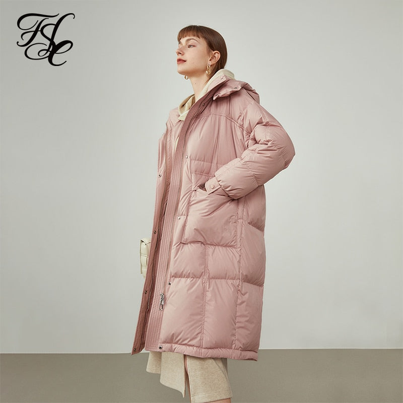 Women's Black Mid-length Loose Hooded Down Jacket Three-proof Fabric Commuter Straight Pink Coat Women Winter Jackets