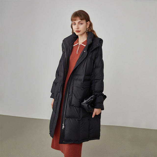 Women's Black Mid-length Loose Hooded Down Jacket Three-proof Fabric Commuter Straight Pink Coat Women Winter Jackets