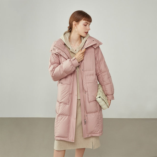 Women's Black Mid-length Loose Hooded Down Jacket Three-proof Fabric Commuter Straight Pink Coat Women Winter Jackets
