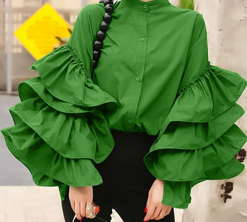 xakxx Fashion Long Flare Sleeve Women Blouse Autumn Ruffled Shirts Casual Long Sleeve Tops Buttons Elegant Party Blusas