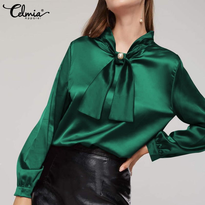 Women Elegant Satin Blouse Fashion Bow Tie Office Tops Long Sleeve Casual Autumn Slik Shirts Oversized Party Blusas