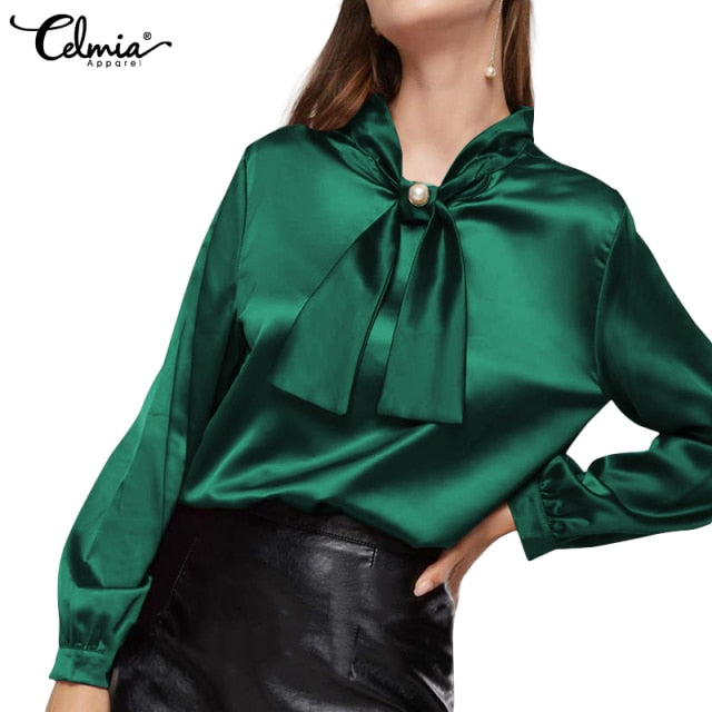 Women Elegant Satin Blouse Fashion Bow Tie Office Tops Long Sleeve Casual Autumn Slik Shirts Oversized Party Blusas