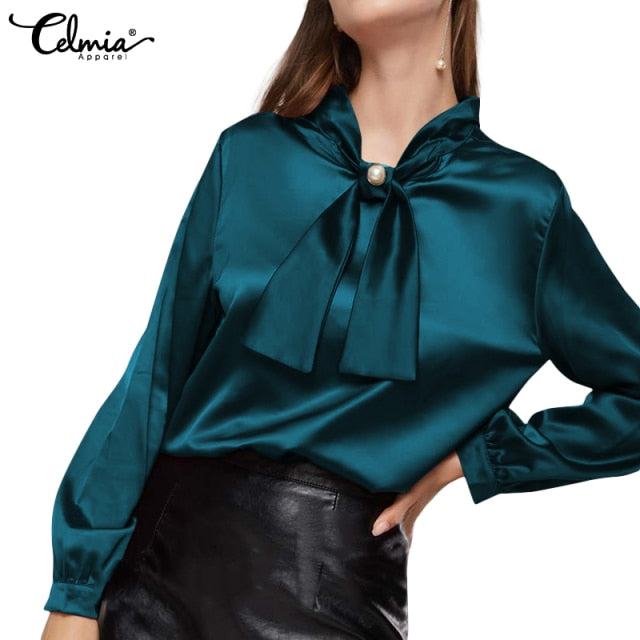 Women Elegant Satin Blouse Fashion Bow Tie Office Tops Long Sleeve Casual Autumn Slik Shirts Oversized Party Blusas