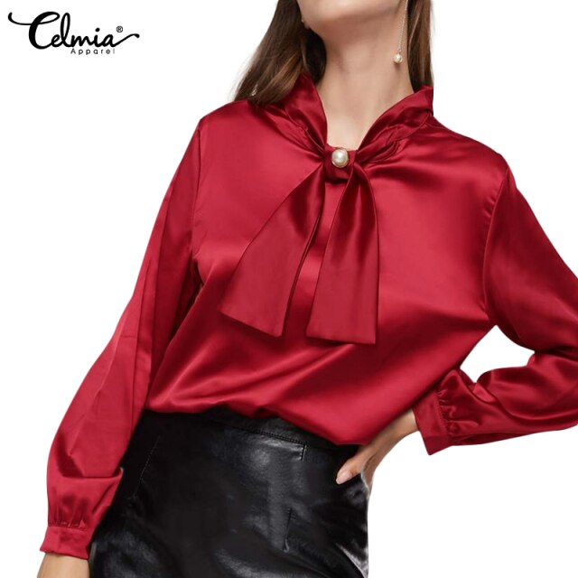 Women Elegant Satin Blouse Fashion Bow Tie Office Tops Long Sleeve Casual Autumn Slik Shirts Oversized Party Blusas