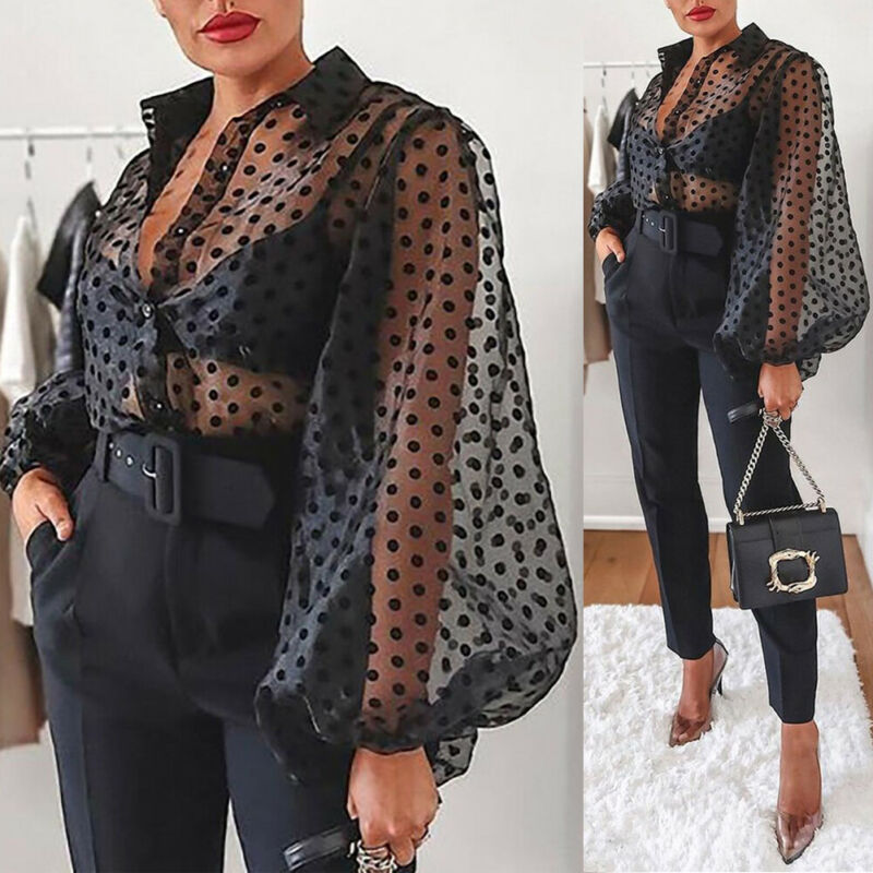 xakxx New Trendy Ladies Women Sexy Long Sleeve Pearl Button Transparent Mesh Sheer Blouse See-through Lantern Polka Dot Shirt