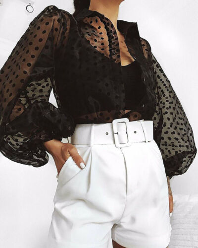 xakxx New Trendy Ladies Women Sexy Long Sleeve Pearl Button Transparent Mesh Sheer Blouse See-through Lantern Polka Dot Shirt