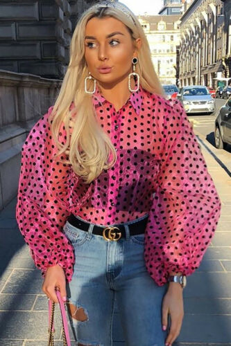 xakxx New Trendy Ladies Women Sexy Long Sleeve Pearl Button Transparent Mesh Sheer Blouse See-through Lantern Polka Dot Shirt