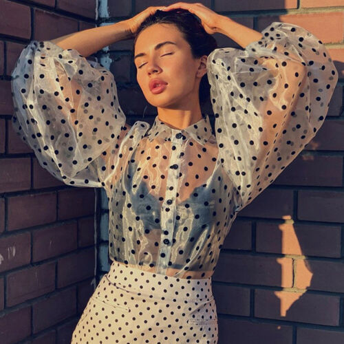 xakxx New Trendy Ladies Women Sexy Long Sleeve Pearl Button Transparent Mesh Sheer Blouse See-through Lantern Polka Dot Shirt